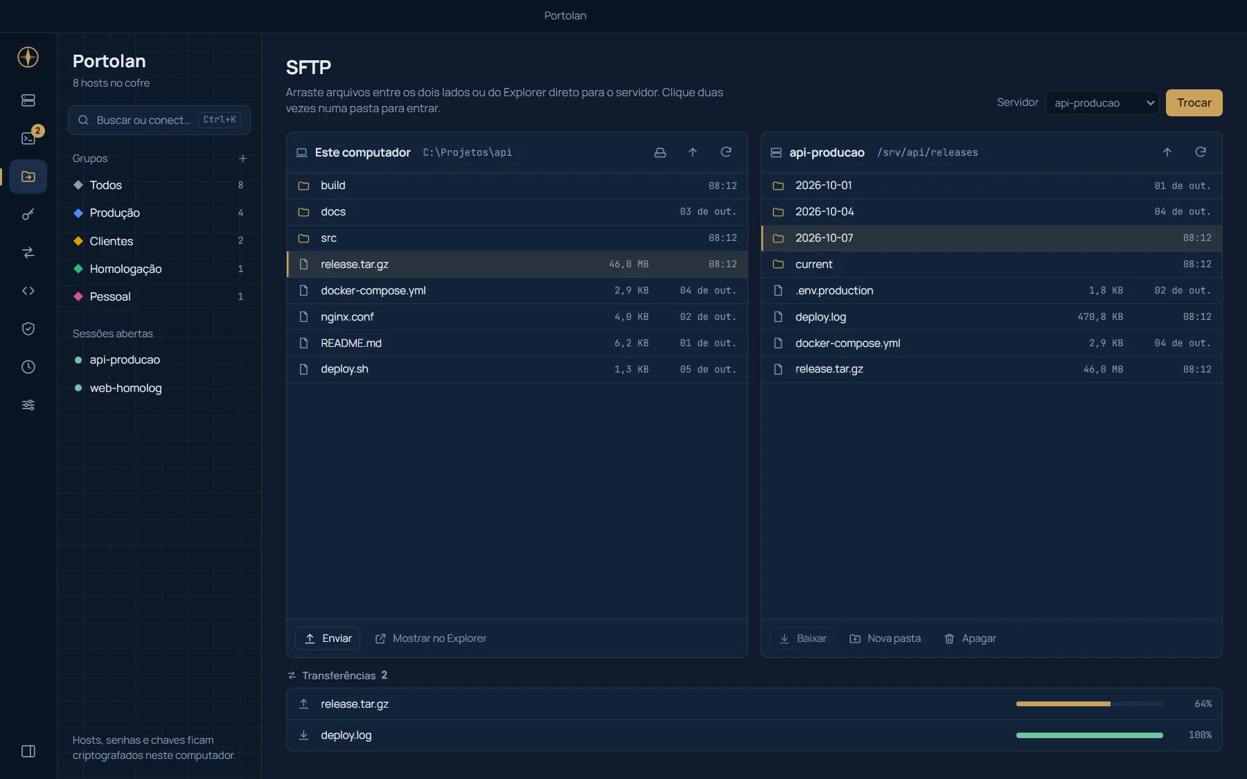SFTP do Portolan em duas colunas, com uma transferência em andamento.