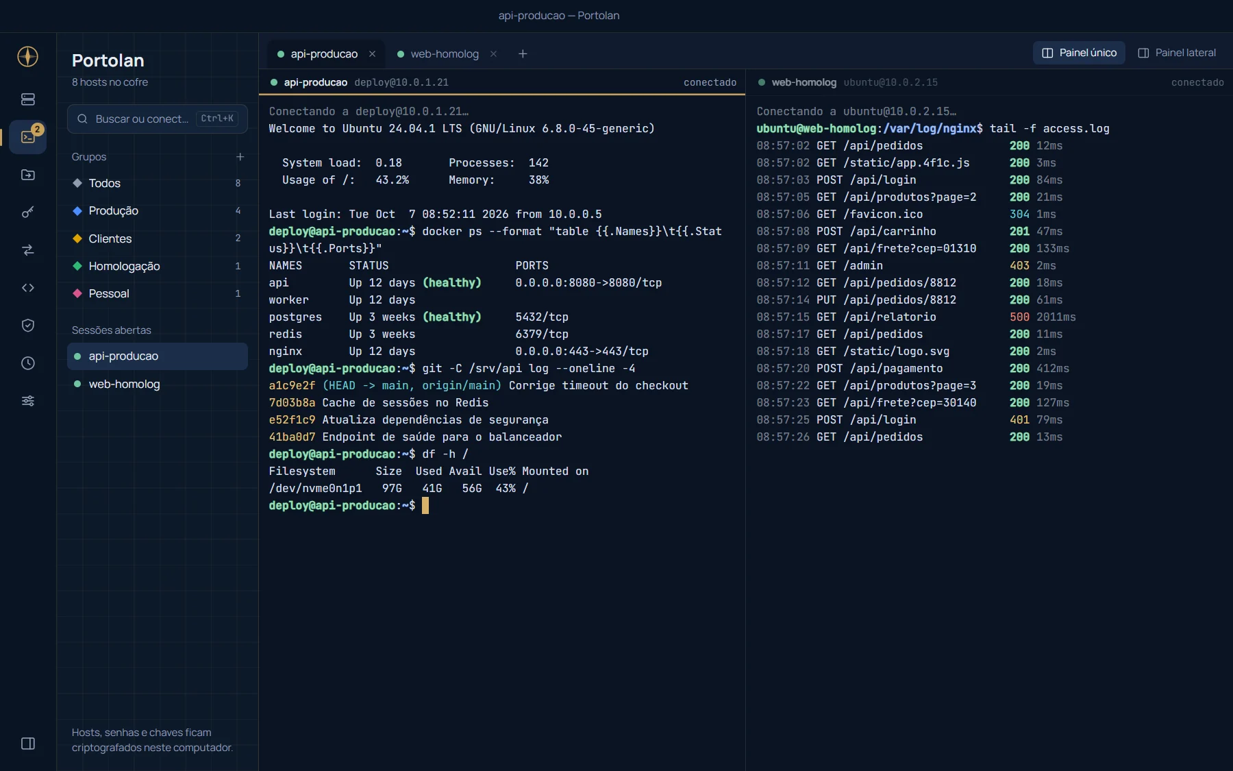 Portolan com duas sessões SSH lado a lado: à esquerda, docker ps e git log no servidor de produção; à direita, o log de acesso do nginx em homologação.