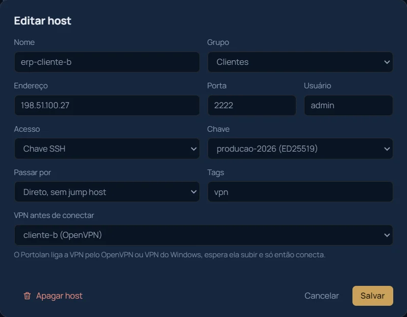 Editor de host do Portolan com o campo VPN antes de conectar preenchido.